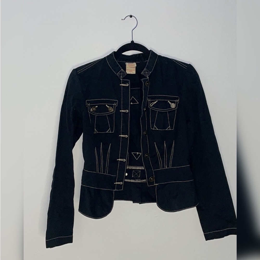 Dark Denim Waist Length Women’s Jacket With Gold Buttons and White Lining